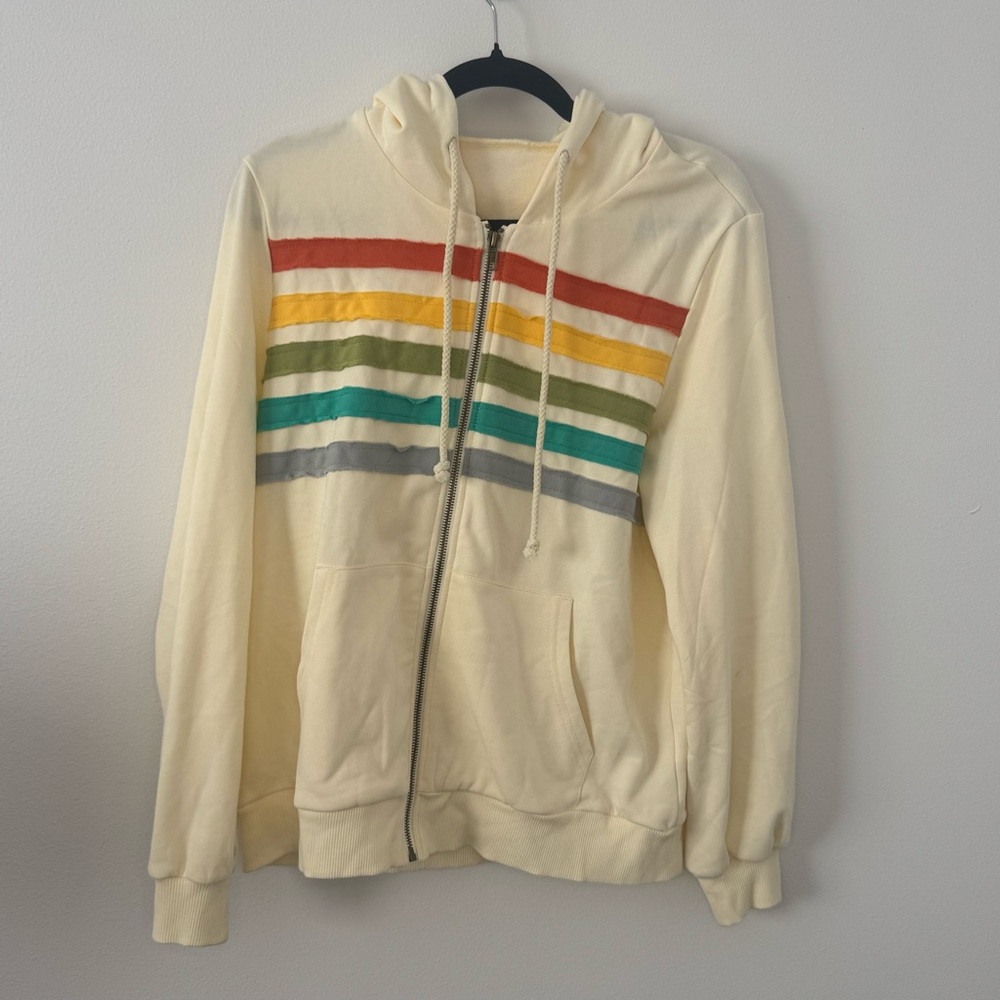 Retro Rainbow Stripe Zip Up Hoodie Soft Yellow Lightweight Sweatshirt Size M